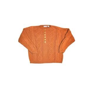 Vintage Chunky Burnt Orange Knit Sweater Medium Minimalist Cozy 1/2 Button